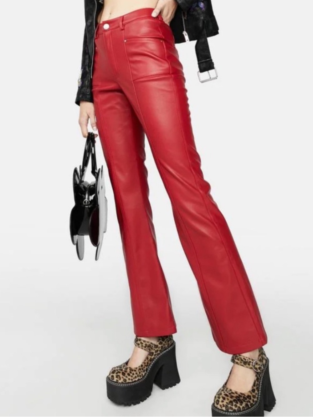 dELiAs by Dolls Kill Red Faux Leather Pants Size M Mid Rise Boot Cut Y2K PU